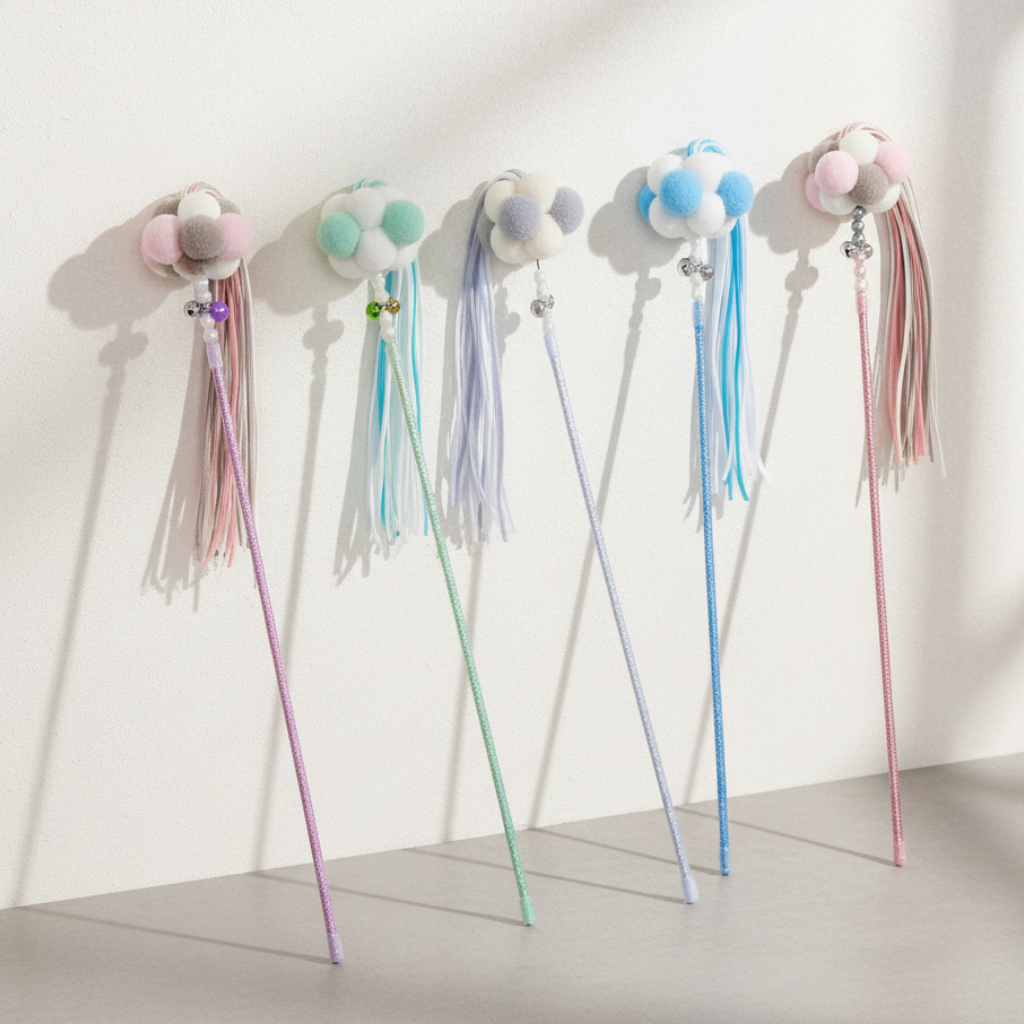 Cat Teaser Wand – Interactive Wand with Feathers, Bells & Cat Ball